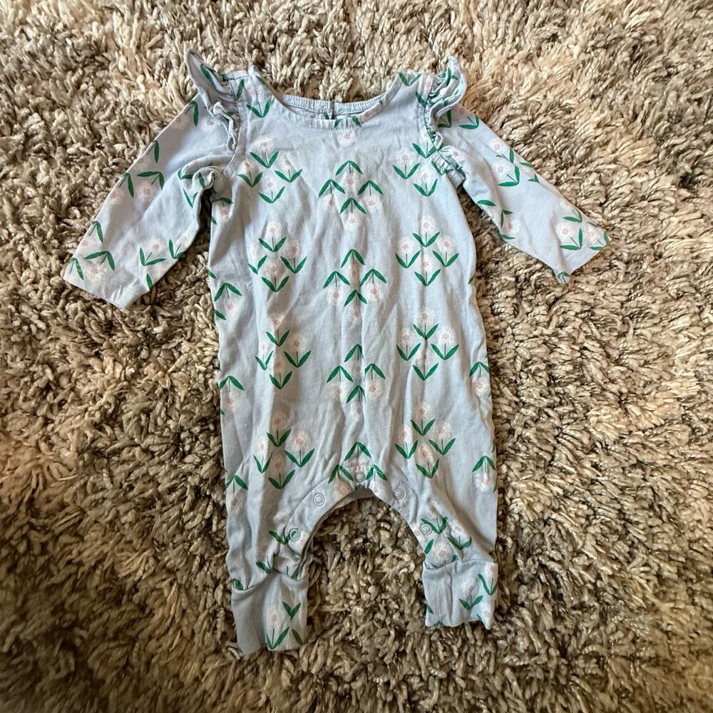 Tea Collection Baby Girl 0-3 Months Ruffle Romper Jumpsuit Blue Floral
